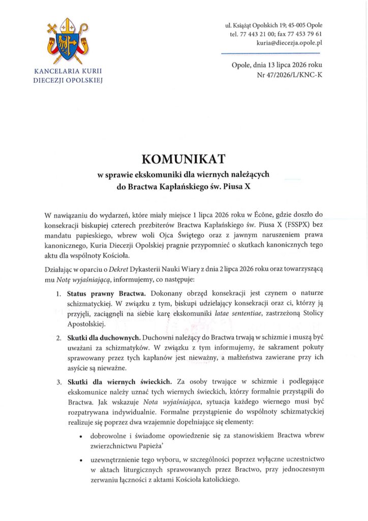 Komunikat w sprawie ekskomuniki dla wiernych należących do Bractwa Kapłańskiego św. Piusa X